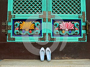 Shoes in front of Buddhist temple