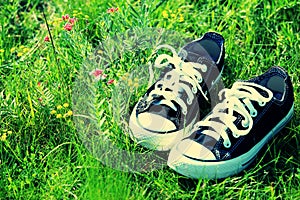 Shoes on green grass