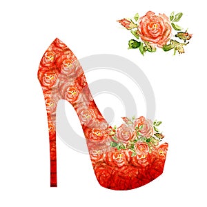 Shoes on a high heel decorated with roses.