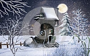 The Shoes House In The Snow, Winter Backgraund, Moonlight, Snow Tree , Winterdrops , Winter Carrd, wallpaper, Illustration