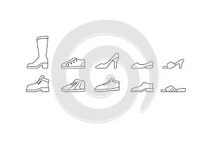 Shoes icon set. Male an female collection. Black line web signs. Vector illustration isolated on white background