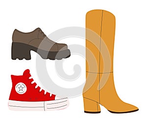 Shoes icons collection. Boots, sport shoes, sneakers, hiking footwear and other shoes for training.