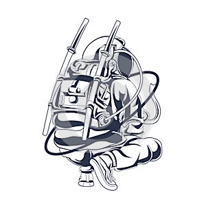 Astronaut squat inking illustration photo