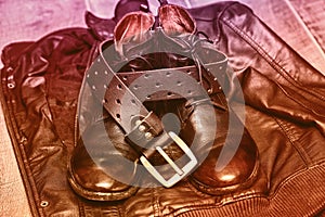 Shoes, leather belt, leather jacket