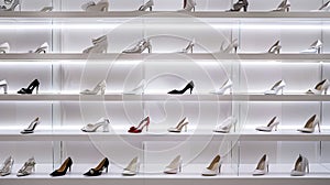 Shoes lined up on shelves in shop, Shoes lined up on shelves in shop