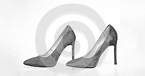 Shoes made out of red suede on white background, isolated. Pair of fashionable high heeled pump shoes. Elegant stiletto