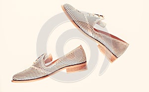 Shoes made out of silver leather on white background, isolated. Pair of fashionable comfortable loafer shoes, top view