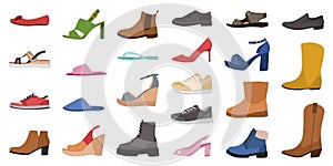 Shoes. Mens, womens and childrens footwear different types, trendy casual, stylish elegant glamour and formal shoes