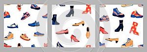 Shoes pattern. Seamless prints with sneakers, high heels boots, casual footwear, mens women footgear for wallpaper or wrapping