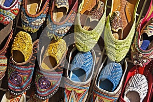 Shoes for sale in souk, Bastakia Quarter, Old Dubai, United Arab Emirates