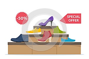 Shoes sale in store. Shoe boxes with footwear. Stylish modern sneakers, woman high heel shoes on box, side view. Price tag with