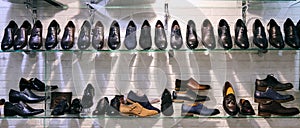 Shoes on the shelf in the store, men`s shoes are new