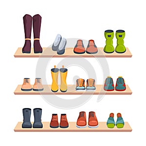 Shoes on shelves. Merchandizing shop window trendy fashioned shoes front view sport sneakers and boots for women and men