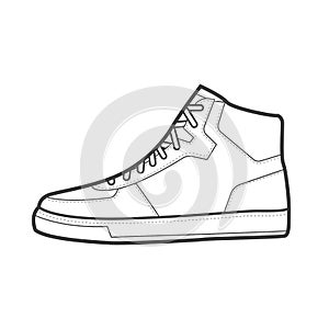 Shoes sneaker outline drawing vector, Sneakers drawn in a sketch style, black line sneaker trainers template outline, vector Illus