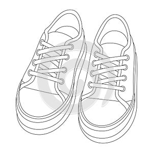 Shoes sneakers linear vector illustration. Fashionable concept of popular sports shoes with laces. Top view. Editable stroke