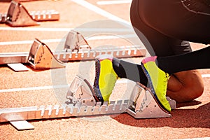 Shoes and start track before sprint run on stadium