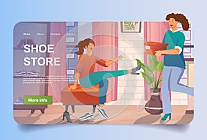 Shoes store concept in cartoon design for landing page. Woman buyer chooses different stylish shoes in boutique, seller carries