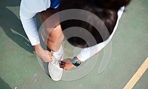 Shoes, tie or black woman in netball training game or match in workout exercise on sports court. Ready to start, top