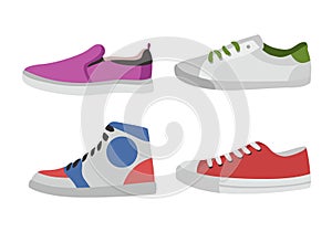 Shoes. Types of footwear. Mens or womens clothes for sport and casual wear. Side view of trendy sneaker and slip-on