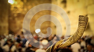 Shofar and in the background, religious people pray at the Western Wall in the Holy City of Jerusalem in Israel