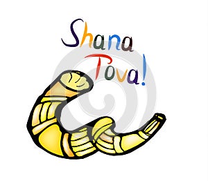 Shofar on the holiday Rosh aShana. Sketch, doodle, hand draw. Lettering inscription translated Shana Tova