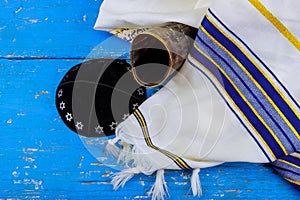 shofar ram& x27;s horn and tallit - rosh hashanah jewesh holiday with Kippah and Talith