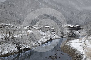 Shogawa river and historic Japanese village Shirakawa-go at winter.