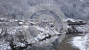 Shogawa river and historic Japanese village Shirakawa-go at winter.