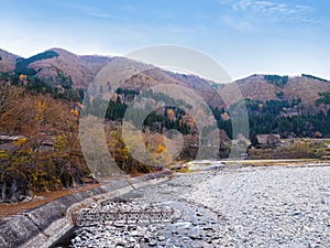 Shogawa river at Japanese Shirakawa-go village in autumn