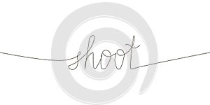 Shoot continuous line drawing. One line art of english hand written lettering of shooting, fire, war, skirmish
