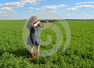 Shoot, gun, area, edge, summer, field, blue dress, red boots, girl, woman, hunting, nature, weapon, rifle, agriculture, young, gam
