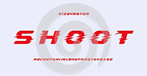 Shooter game font alphabet sporty slanted letters. Speed logo typography with spurs serifs. Italic bold letter set for