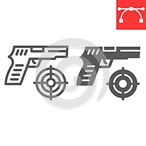 Shooter game line and glyph icon, video games and gun, shooting target sign vector graphics, editable stroke linear icon