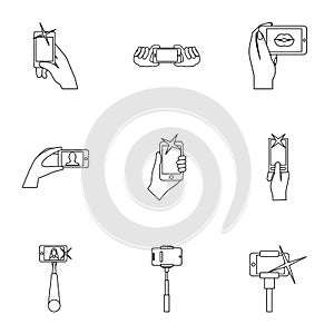 Shooting on cell phone icons set, outline style
