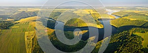 Shooting from a drone with a view of the winding canyon of the Dniester River. Ukraine, Europe