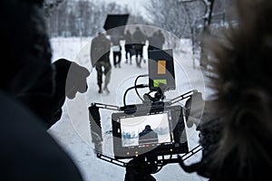 Shooting a feature film, backstage on the set in the street view from the camera