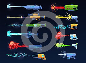 Shooting futuristic weapon collection vector flat illustration. Deadly spraying scientific blasters
