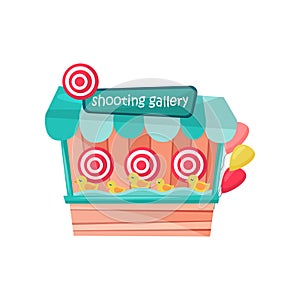 Shooting gallery with ducks and targets at amusement park. Small stall with air balloons. Fun game. Flat vector icon