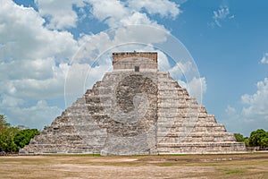 Shooting of the Mayan Pyramid of Kukulkan, with visible the restored side and the original side