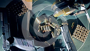 Shooting range equipment on a table, top view.