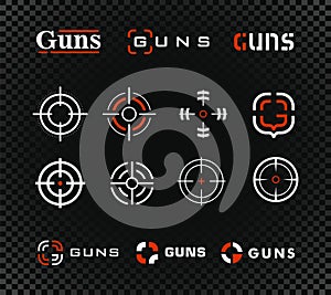 Shooting range template and icon collection. Guns or other weapon rifle sight sign set on black background.