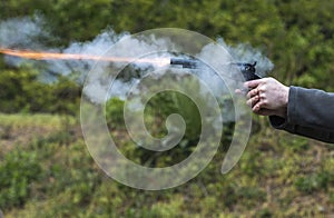 Shooting with a revolver outdoor