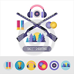 Shooting Skeet. Vector emblem. Set of design elements. Round icons.