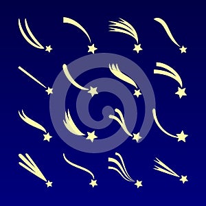 Shooting star, comet silhouettes vector icons isolated on dark blue background
