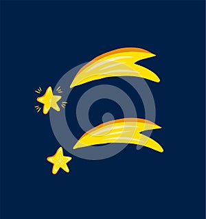 Shooting stars icon. Comet tail or star trail. Christmas yellow star. Dream and success.