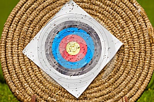 Shooting target and bullseye with many bullet holes