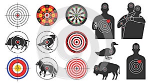 Shooting targets. Animal silhouette, armed human and hostage target for shooting range. Prints with bullseye for hunting practice