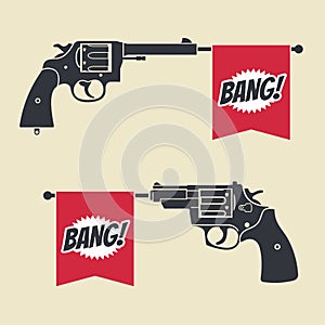 Shooting toy gun pistol with bang flag vector icon