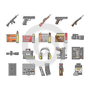 Shooting Weapon And Accessories Icons Set Vector .