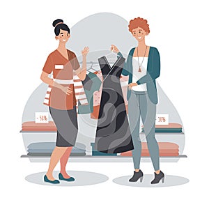 Shop assistant helps woman choose new fashion dress, customer and consultant people, vector illustration